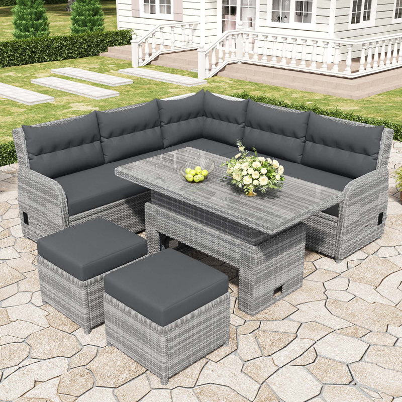 Ensemble de meubles de patio en rotin avec 1 table réglable, fauteuils inclinables avec tables d'appoint extensibles et 2 repose-pieds