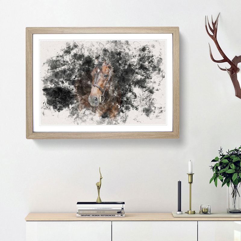 Brown Horse in the Shadows - Picture Frame Graphic Art Print, 36cm H x 48cm W x 2cm D, Oak Framed