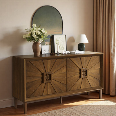 Sideboard Cabinet With Symmetrical Sunburst Door Design And Adjustable Shelves