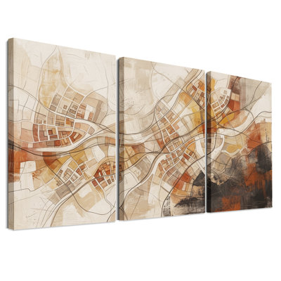 Ensemble de 3 toiles murales représentant une carte abstraite de ville dans des tons naturels