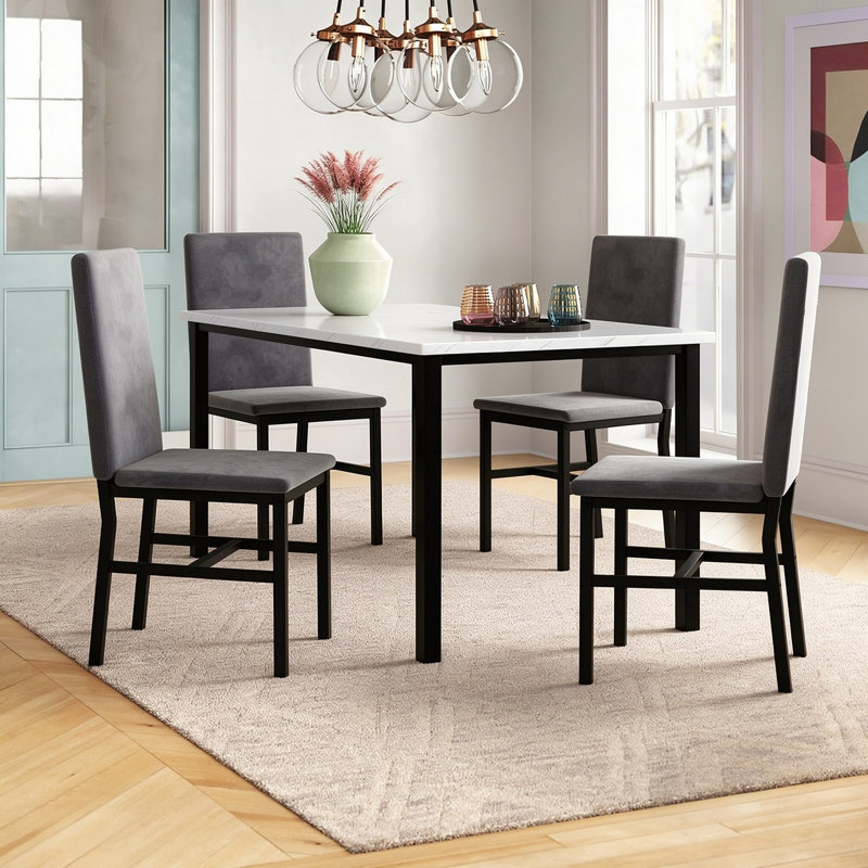 Ensemble repas 5 pièces avec chaises rembourrées en velours Janece, Marble White/Gray Velvet, gris