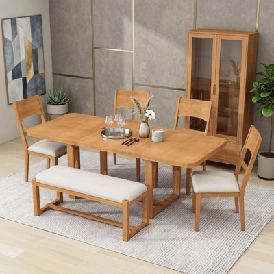 Ensemble de table de salle à manger extensible 6 pièces avec rallonge amovible, 4 chaises rembourrées et banc