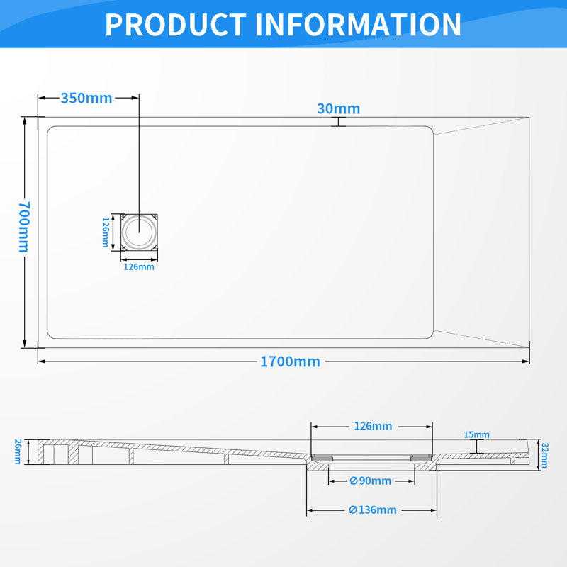 Slip-Resistance 32mm H Rectangular Black Shower Tray, 3.2cm H x 70cm W x 170cm D