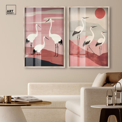 Elegant Birds Set Shadowbox Print Modern Livingroom Art Set by Art Remedy, Black Frame, 10 x 15