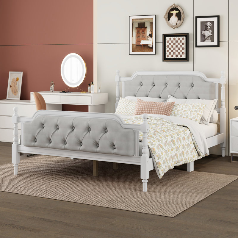 Upholstered Platform Bed with Headboard, Full / Double, Antique White