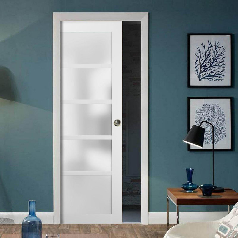 Quadro White Silk Pocket Door with Frosted Glass and Hardware Kit
