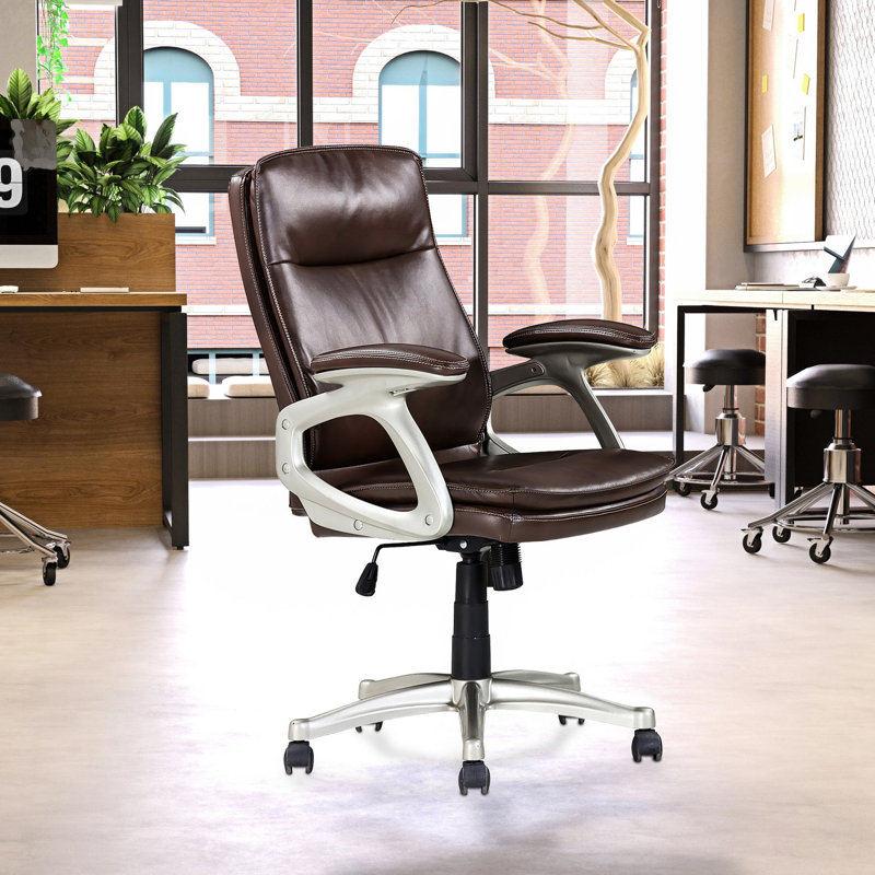 Chaise de bureau en contreplaqué, similicuir brun, siège ergonomique, chaise en cuir rotative à 360 ° pour bureau, réglable