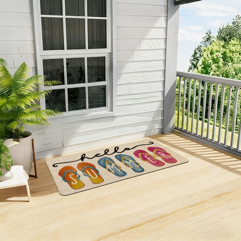 Tapis d'entrée « Bonjour l'été » pour intérieur et extérieur, motif tongs, antidérapant, en caoutchouc, idéal pour la décoration de sol de votre entrée de cuisine ou de cuisine (43 x 91 cm).