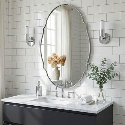 Contemporary Oval Scalloped Wall Mirror Irregular Bathroom Vanity Mirror | Stainless Steel Frame