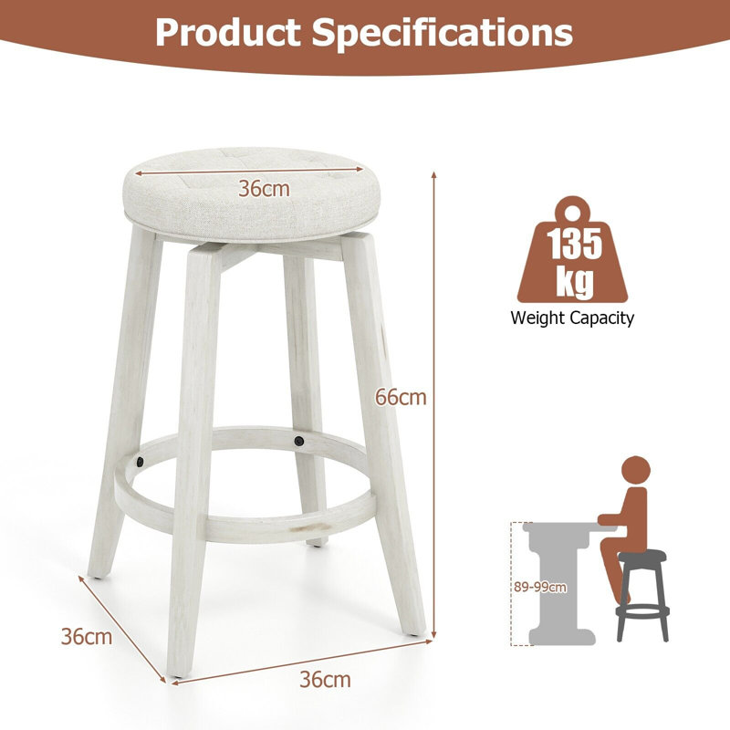 Sinquefield Swivel Upholstered Counter Stool, White, 66cm