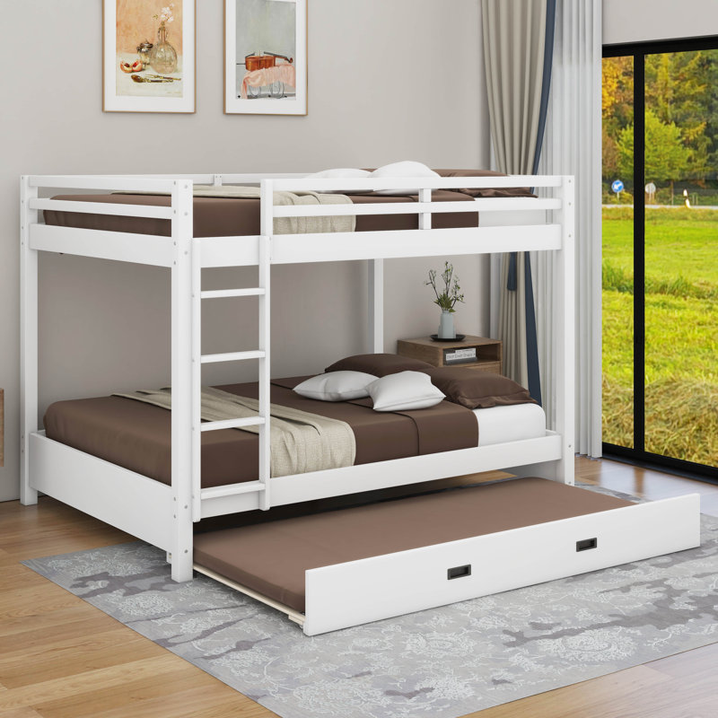 Queen Size Bunk Bed With Ladder And Trundle, White