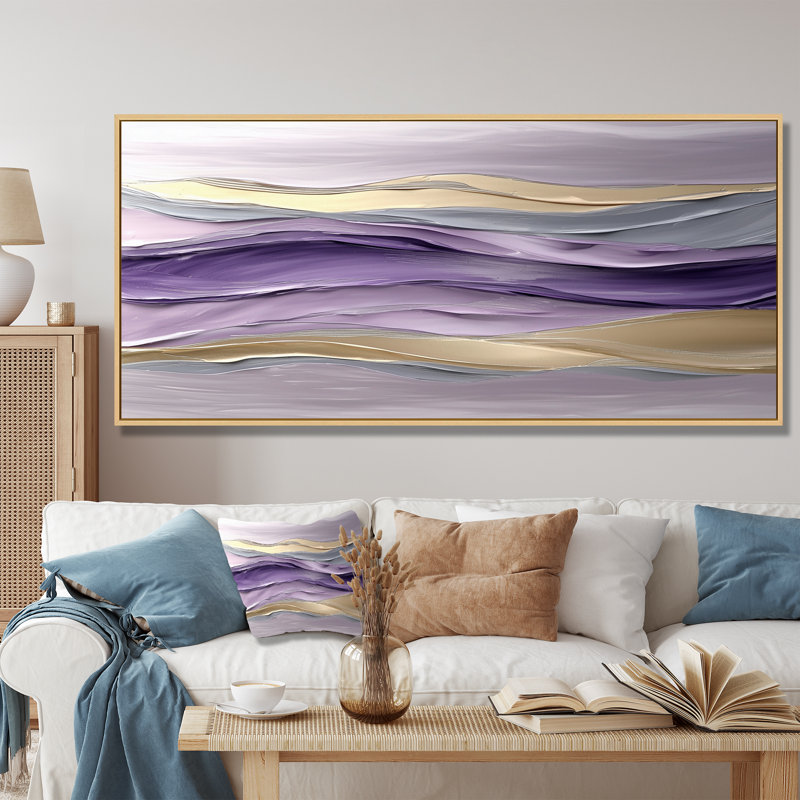 Lavande et pierres Transtitional Horizon II - art mural transitionnel, 28" H x 60" W, Cadre flottant, Doré