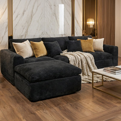 Éponge désossée de 30 pouces à densité de 108 pouces, coussins en forme de nuage à double couche, 4 en forme de L, style classique américain, revêtement en velours côtelé, assise moelleuse, dossier rembourré, facile à entretenir, conception noire, récupération rapide