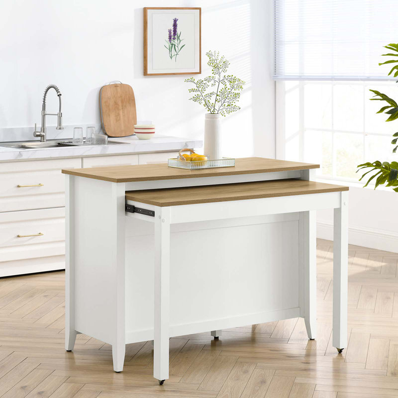 White and Natural Wood Grain Kitchen Island with Storage