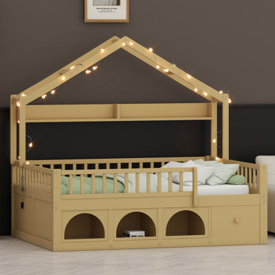 Montessori Floor Bed Frame with Roof, Built-in Lighting, Safety Rails, Storage Drawers and Cubbies