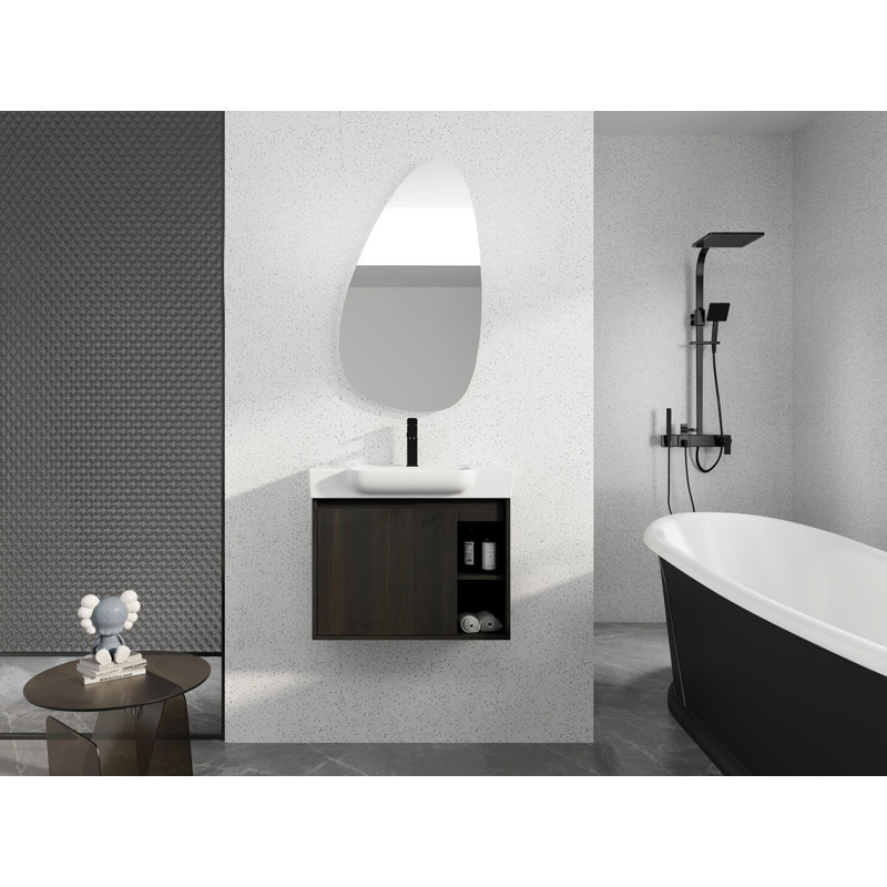 Meuble-lavabo mural 28 po avec lavabo en céramique blanche et porte à fermeture en douceur, emballage KD, chêne foncé