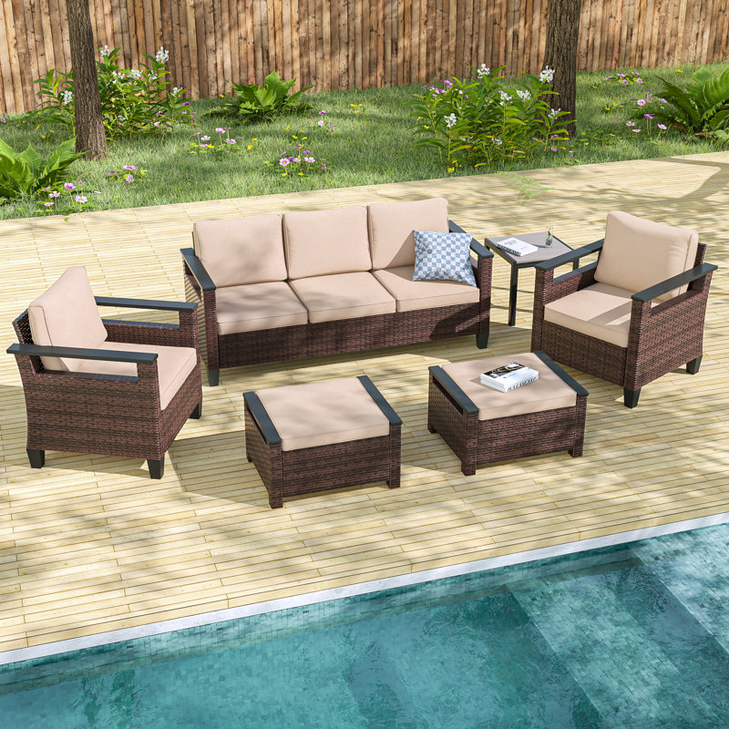 6 Piece Wicker Patio Sofa Set with Ottoman and Square Table, Sand