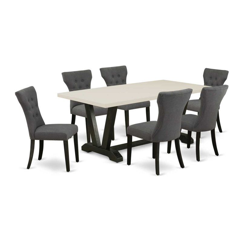 Natural Oak Finish Solid Wood Top Dining Table with Chairs with Lattice Back, 7, Beige, Gray