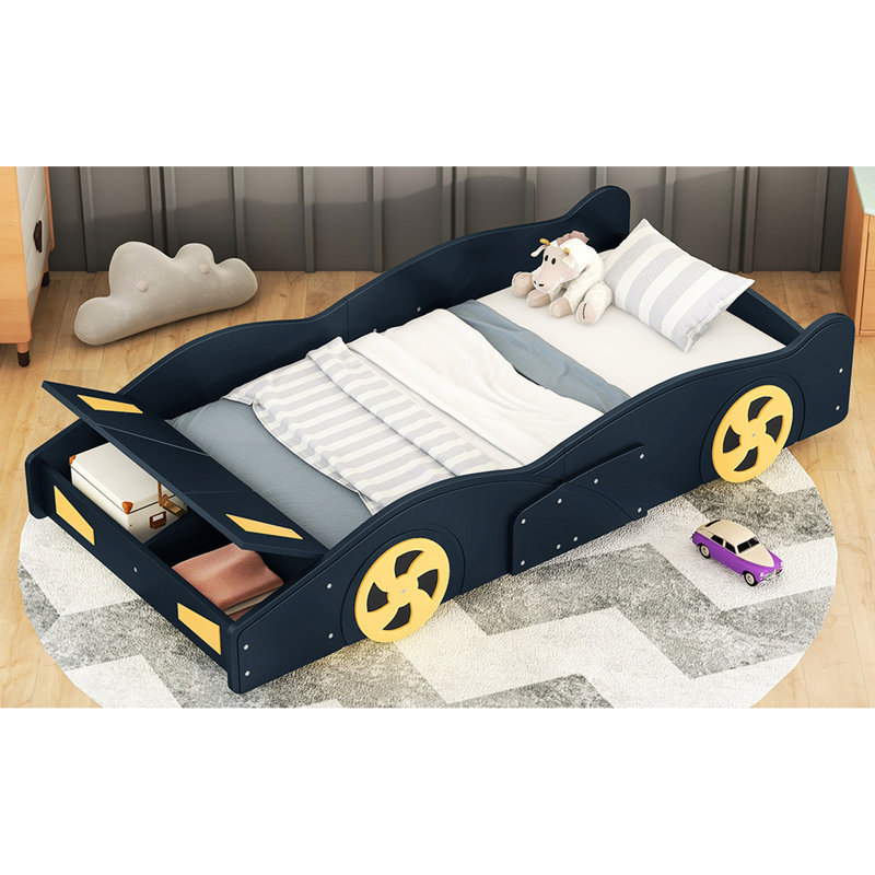 Dark Blue + Yellow Twin Size Race Car-shaped Bed With Storage Feature And Aesthetics - Solid Wood Construction For Bedroom Storage, Construction, Comfortable Functional Design