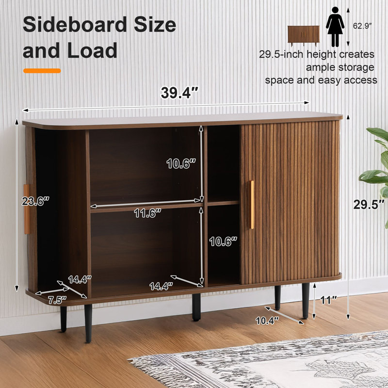 47" Sideboard Buffet Cabinet with Storage Cabinet with Tambour Slide Doors&Shelves, Fluted Storage Cabinet with Curvy Edge, Accent Console Buffet Cabinet,