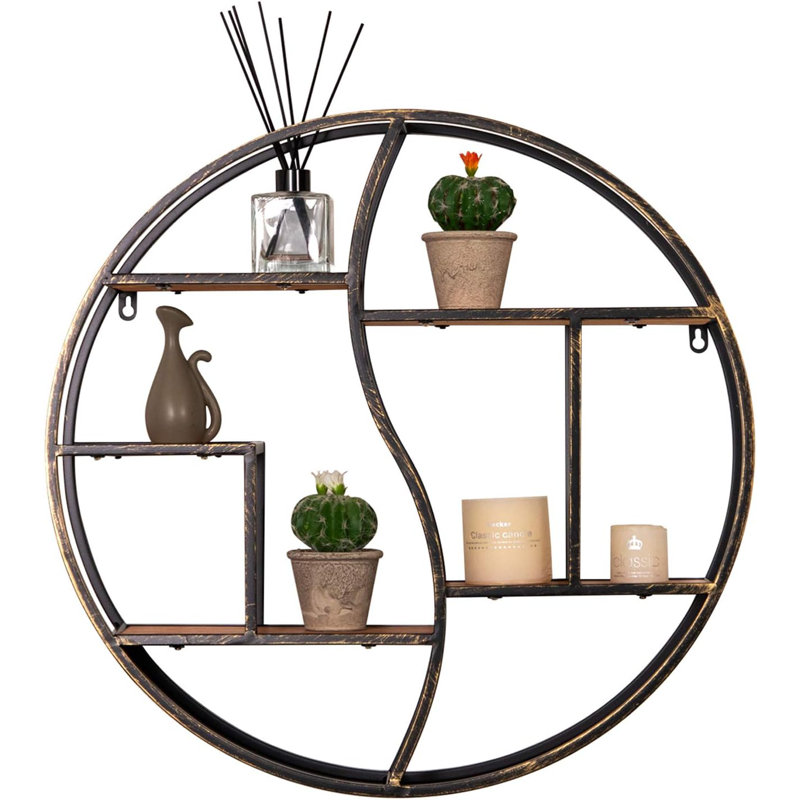 Round Floating Shelf Wall Mounted - Metal Frame With Vintage Wood Display Organizer For Living Room, Bathroom, Fireplace Decor