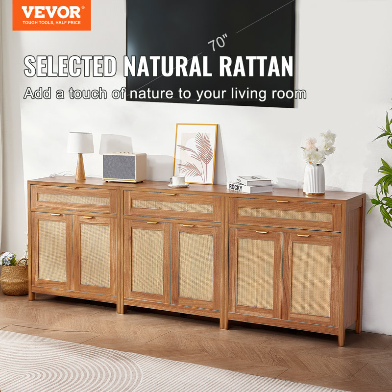 Natural Wood and Rattan Cabinet with Adjustable Shelving