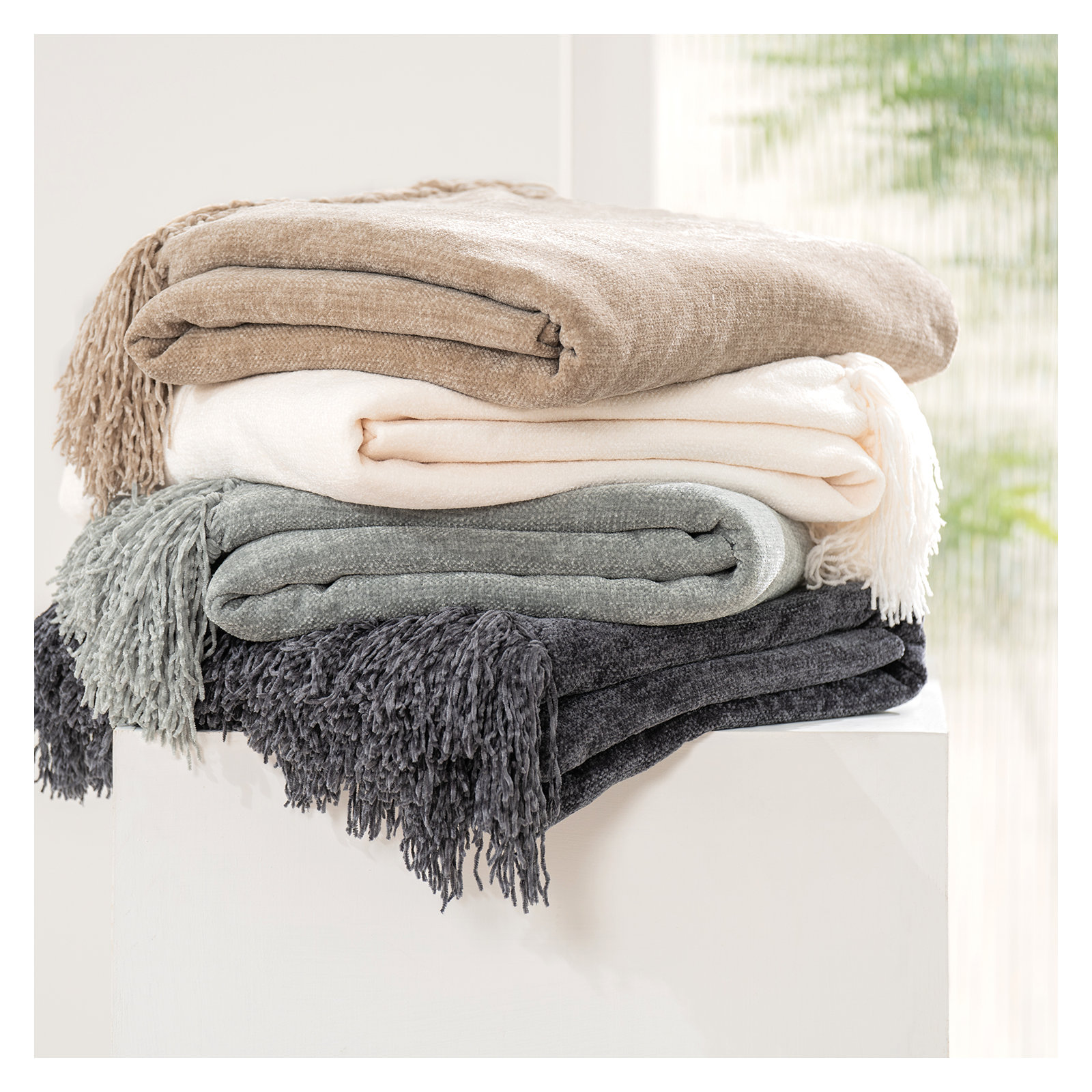 Soft Chenille Throw Blanket, Beige, 60" L x 50" W