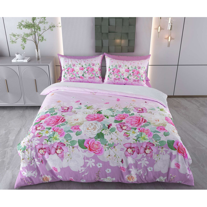 Ensemble de housse de couette, Housse de couette pour lit simple + 1 taie d'oreil, Rose / mauve / vert / blanc floral