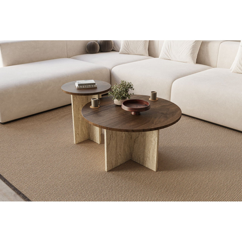 Ensemble de tables basses modernes (2 pièces), noyer et travertin, grand: 27,6 po x 15,7 po x 27,6 po, petit: 15,7 po x 18,5 po x 15,7 po | Panneau de particules 100% mélaminé, design élégant et durable, parfait pour le salon ou le salon
