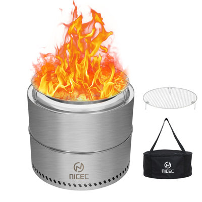 Foyer d'extérieur 19,1 pouces sans fumée en acier inoxydable avec grille pour barbecue, plateau à cendres et sac de transport