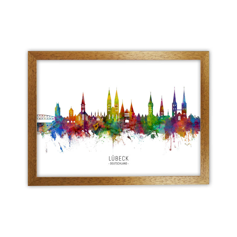 Lubeck Deutschland Skyline by Michael Tompsett - Print, 34cm H x 46cm W x 3cm D, Brown Framed