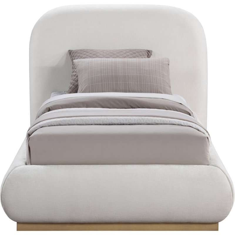 Humayrah Upholstered Panel Bed, Twin, Cream Chenille Fabric / Stained Natural