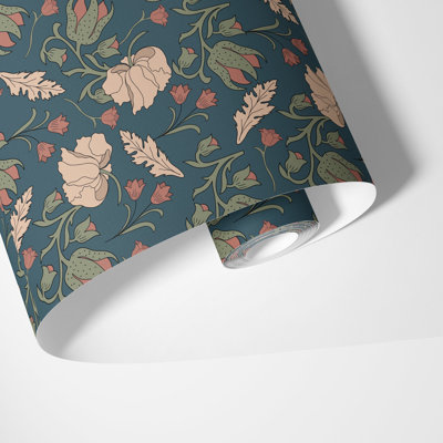 Teal Floral Botanical Wallpaper, 225"H x 25"W, Vinyl Peel and Stick