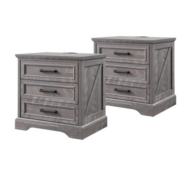 Farmhouse Nightstands With Charging Station, 22" W Wood End Table With 3 Large Drawers