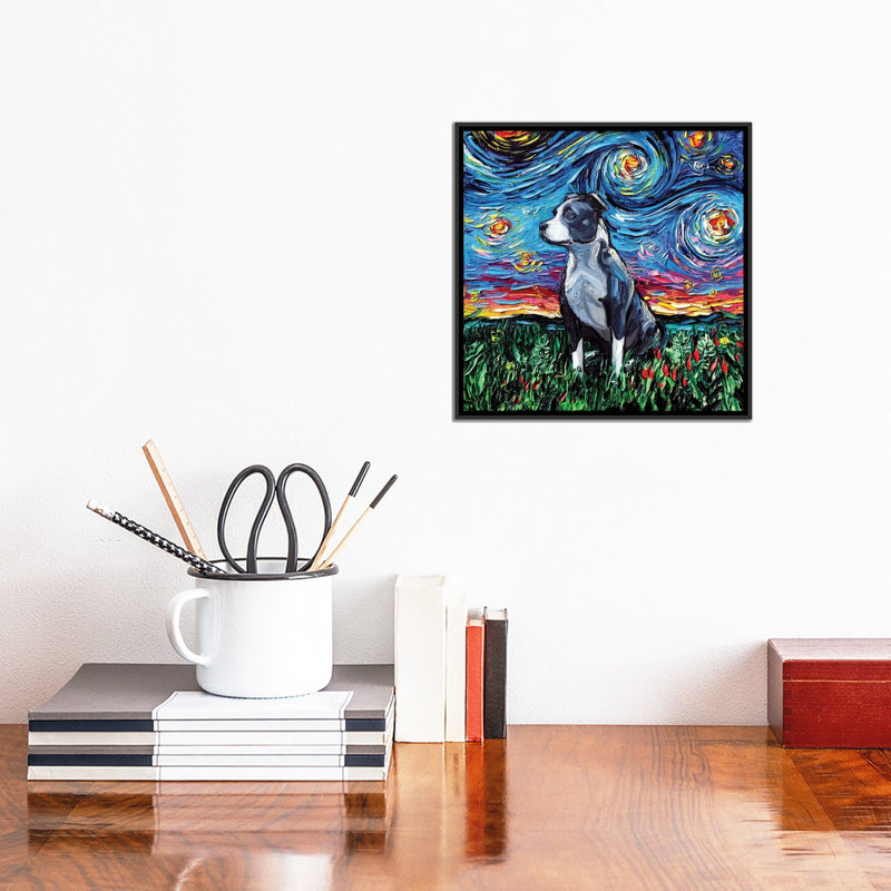 « Pitbull Night » par AJA trier, reproduction d’art, H 12 po x l 12 po x P 1,5 po, Toile avec cadre noir, Pas de tapis