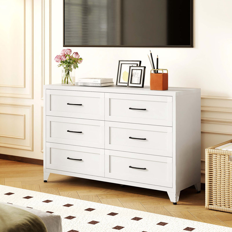 Commode moderne à 6 tiroirs en métal avec technologie Smooth-Glide et design écologique, Blanc