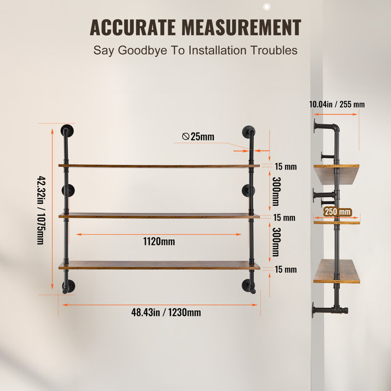 Industrial Pipe Shelf 3 Tier 48x9.84in Wall-Mount for Kitchen Bedroom, 42.32" H x 48.43" W x 10.04" D