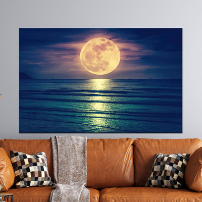 Impression sur toile de paysage marin pleine lune: décor d'art côtier, 1P or encadré