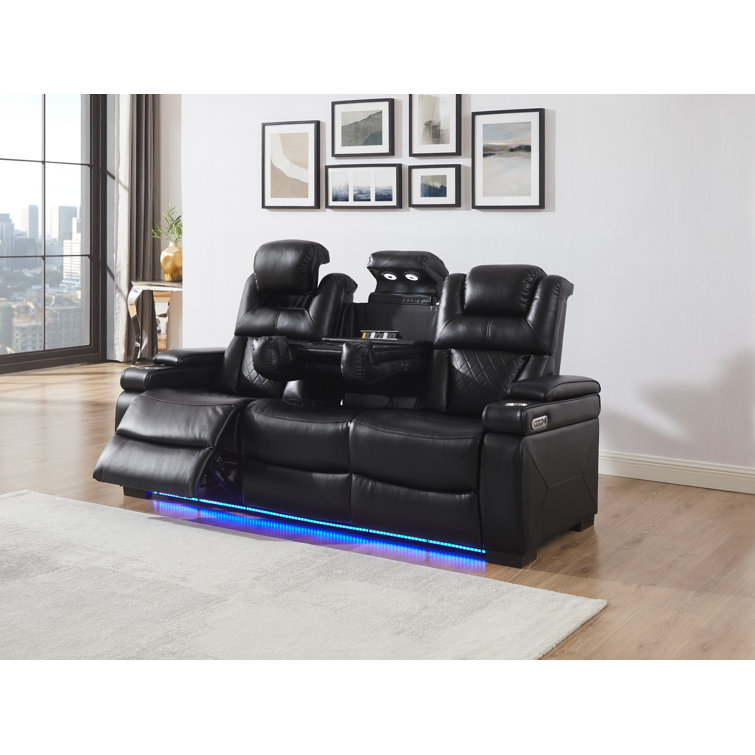 82''Wide Breathable Leather Square Arms Power Reclining Sofa With Reading Lights And Drop Down Table