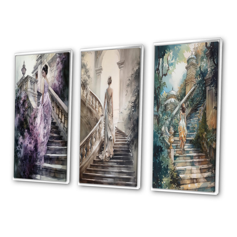 «Stunning Girl By The Stairs», 3 pièces, H 40 po x l 60 po, Cadre flottant blanc