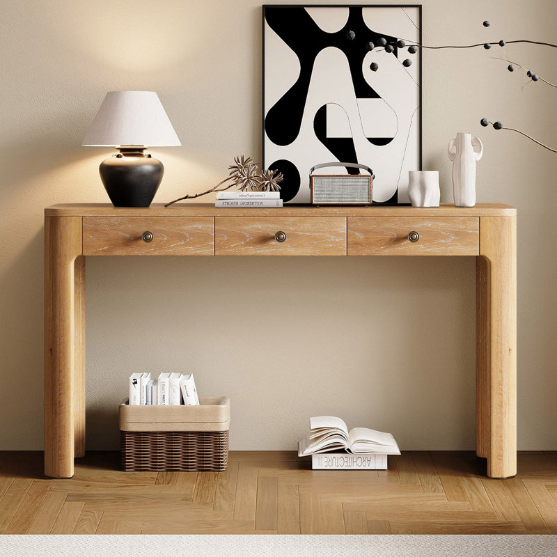 Chery 52'' Wooden Curved Console Table With 3 Concealed Drawers, Natural