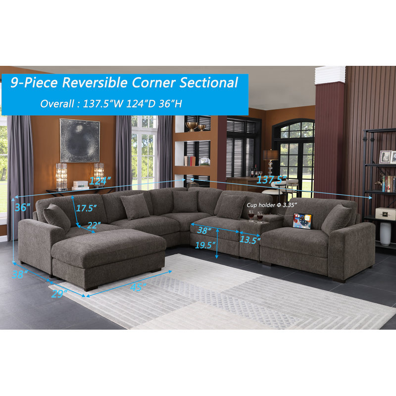 Modern Upholstered Cloud Modular Corner Sectional Sofa With Consoles, Dark Gray Chenille, 36" H x 137.5" W x 124" D