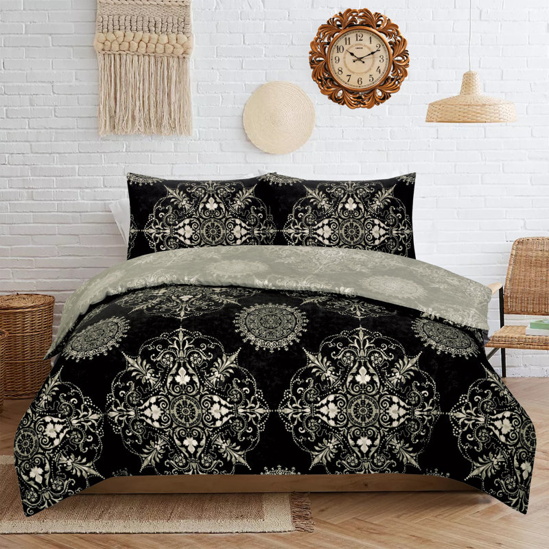 Milven Cotton Blend Floral Duvet Cover with Pillowcases, Black, Single - 1 Standard Pillowcase