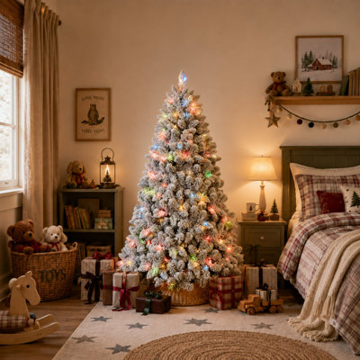 Sapin de Noël floqué de 1,5 m avec 300 lumières colorées homologuées UL et 27 pommes de pin naturelles