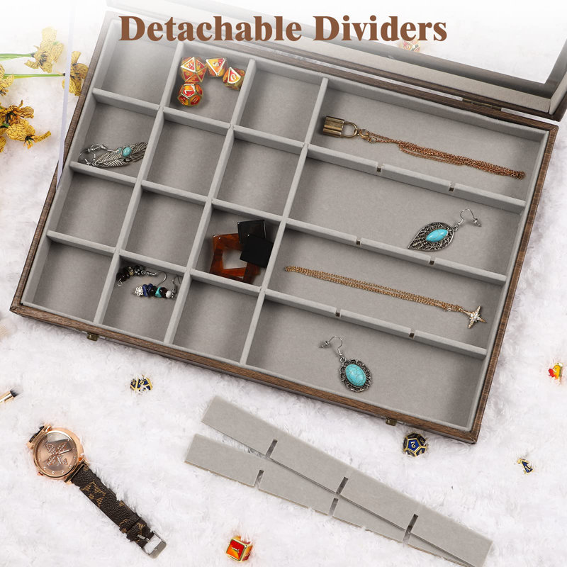 Jewellery Organizer Tray With Clear Lid 24 Grid Velvet Drawer Insert Jewellery Storage Box With Transparent Glass Lid Jewellery Display Case With Lock(Beige, 24 Grid)