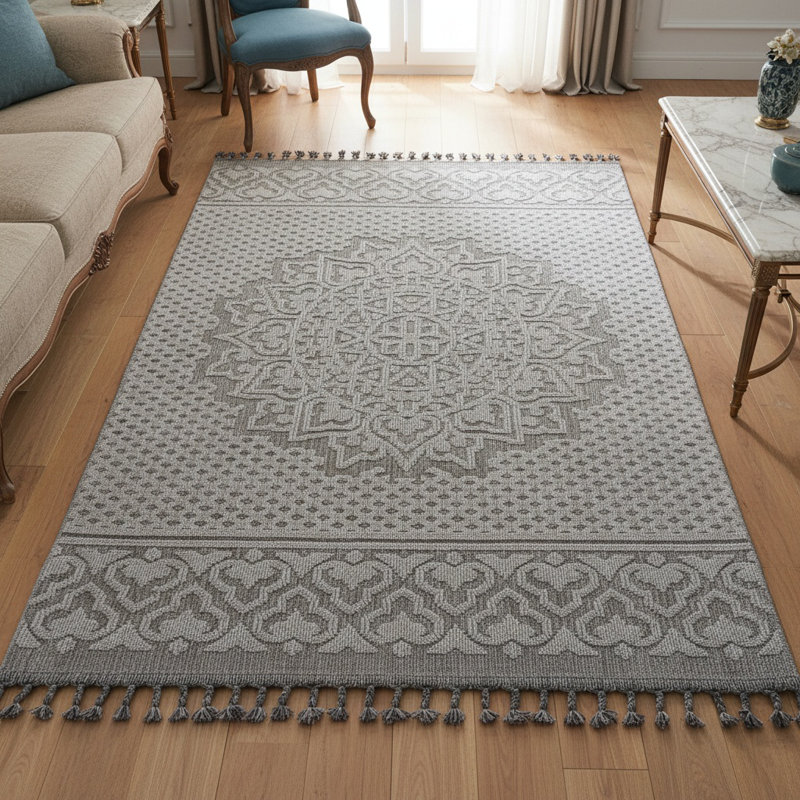 Guros Collection Gray / White Medallion Indoor Outdoor Area Adrienna, Rectangle 6'7" x 7'9"