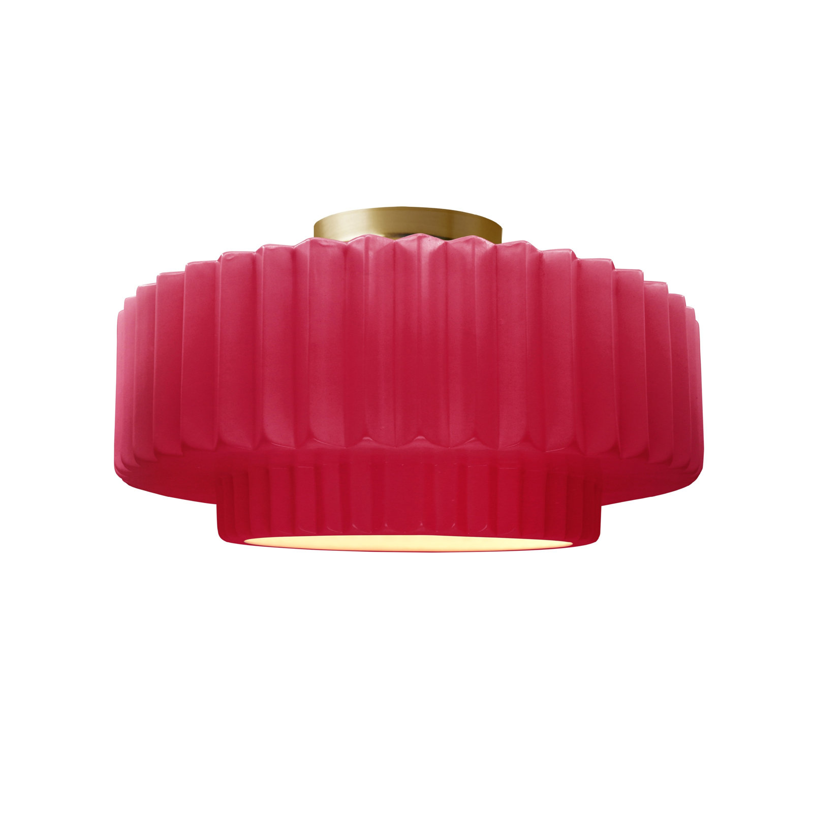Single Light Ceramic LED Semi Flush Mount, 7.25" H x 14.5" W x 14.5" D, Cerise, Brushed Brass