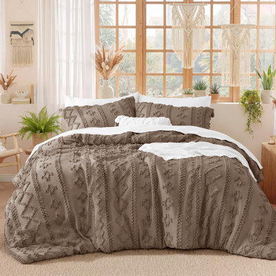 Ensemble d'édredon pour lit simple capitonné Boho - ensemble de literie 2 pièces brun clair Shabby Bed Jac Ensemble de lit en jacquard de ferme avec broderie, douceur toutes saisons pour chambres douillettes et cadeaux boho-chic