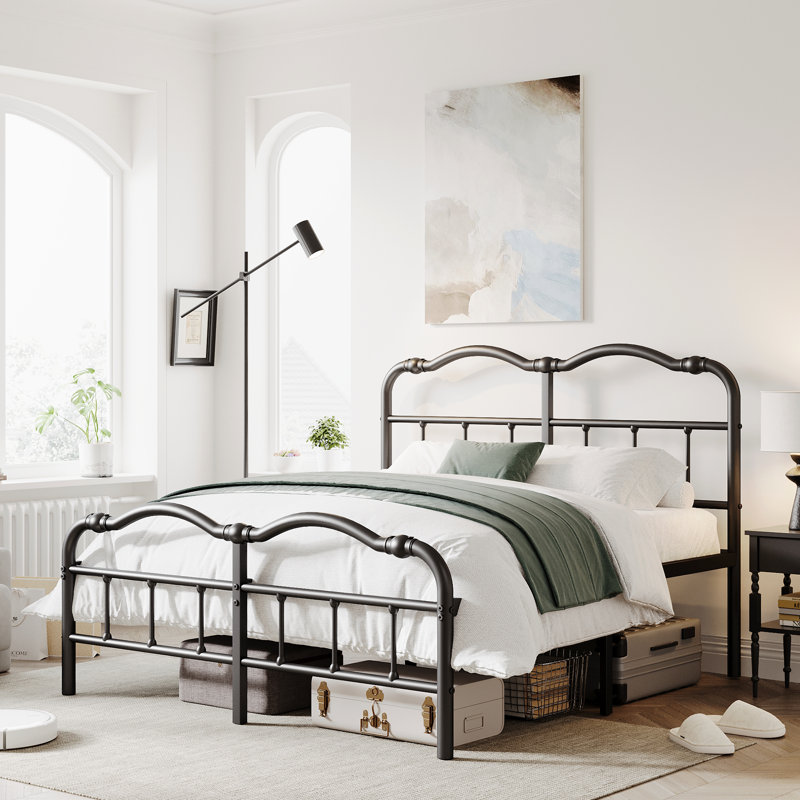 Amylia Double Wave Headboard and Footboard Heavy Duty Anti-sway 14in High Steel Tube Iron Bed with Storage, Full/Double