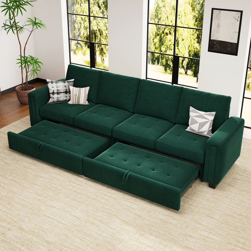 Velvet Sectional Sofa Bed Sleeper, Green Velvet